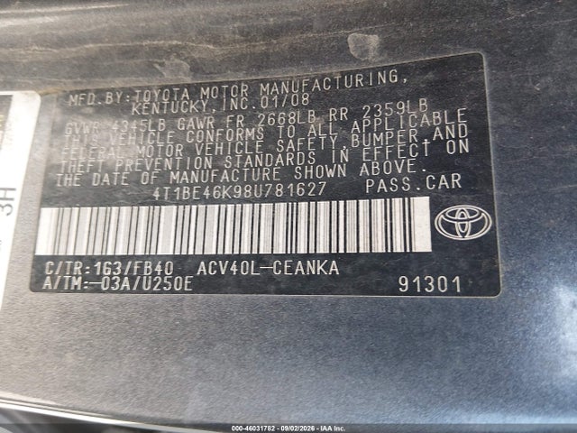 2008 Toyota Camry Le მანქანა იყიდება აუქციონზე, vin: 4T1BE46K98U781627, აუქციონის ნომერი: 46031782