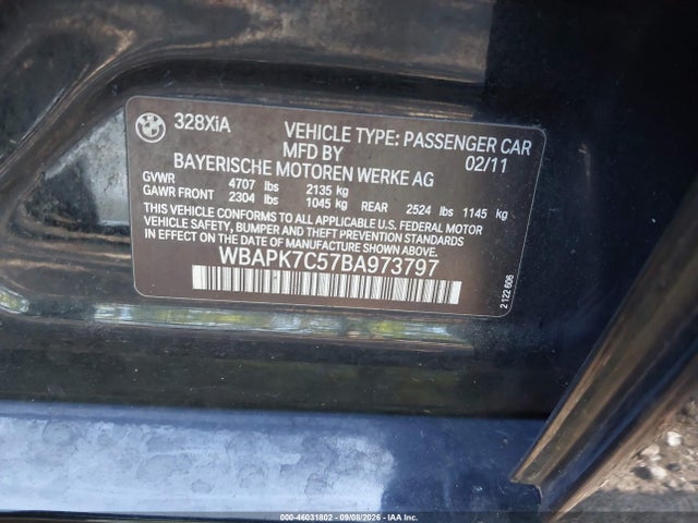 Auction sale of the 2011 Bmw 328i Xdrive, vin: WBAPK7C57BA973797, lot number: 46031802