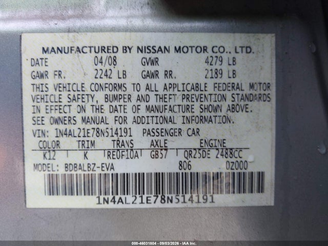 2008 Nissan Altima 2.5 S მანქანა იყიდება აუქციონზე, vin: 1N4AL21E78N514191, აუქციონის ნომერი: 46031804