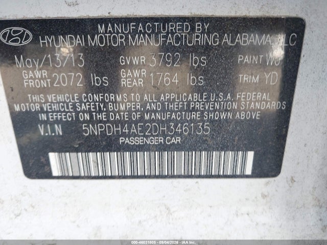 2013 Hyundai Elantra Gls მანქანა იყიდება აუქციონზე, vin: 5NPDH4AE2DH346135, აუქციონის ნომერი: 46031805