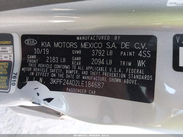 Aukcja sprzedaży 2020 Kia Forte Lxs, vin: 3KPF24AD2LE184687, numer aukcji: 46031812