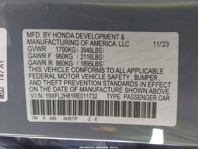 Продажа на аукционе авто 2024 Honda Civic Sport, vin: 19XFL2H81RE011732, номер лота: 46031813