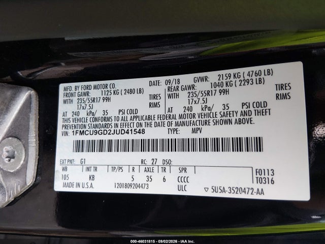 Продаж на аукціоні авто 2018 Ford Escape Se, vin: 1FMCU9GD2JUD41548, номер лоту: 46031815