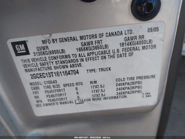 2006 Chevrolet Silverado 1500 Lt1 მანქანა იყიდება აუქციონზე, vin: 2GCEC13T161164704, აუქციონის ნომერი: 46031821