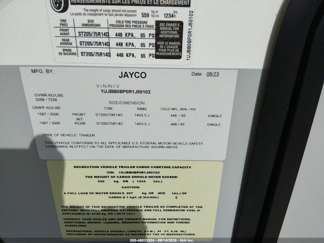 Продажа на аукционе авто 2024 Jayco Jay Feather, vin: 1UJBB0BP0R1J80102, номер лота: 46031824