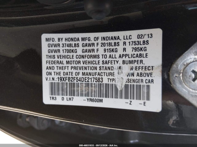 2013 Honda Civic Lx მანქანა იყიდება აუქციონზე, vin: 19XFB2F54DE217583, აუქციონის ნომერი: 46031833