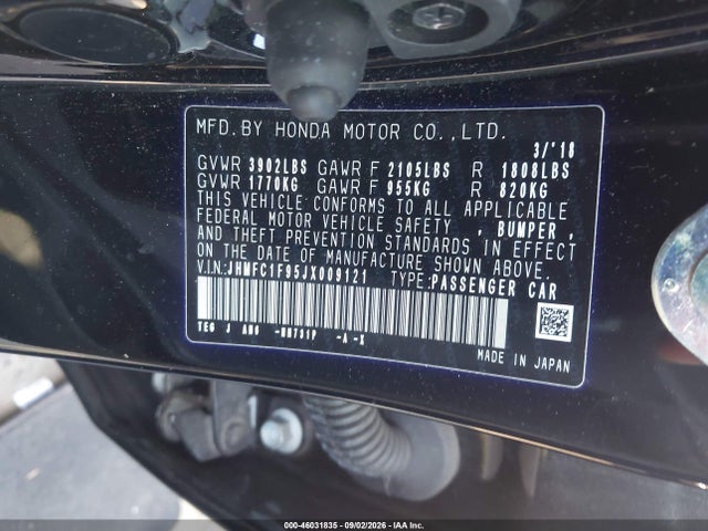46031835 :رقم المزاد ، JHMFC1F95JX009121 vin ، 2018 Honda Civic Touring مزاد بيع