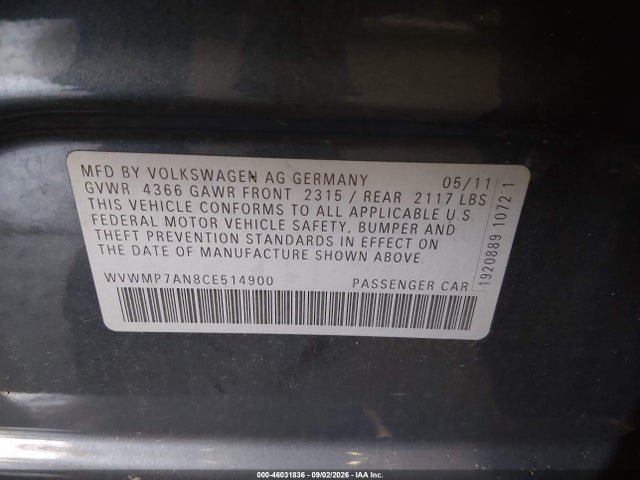 2012 Volkswagen Cc Sport მანქანა იყიდება აუქციონზე, vin: WVWMP7AN8CE514900, აუქციონის ნომერი: 46031836
