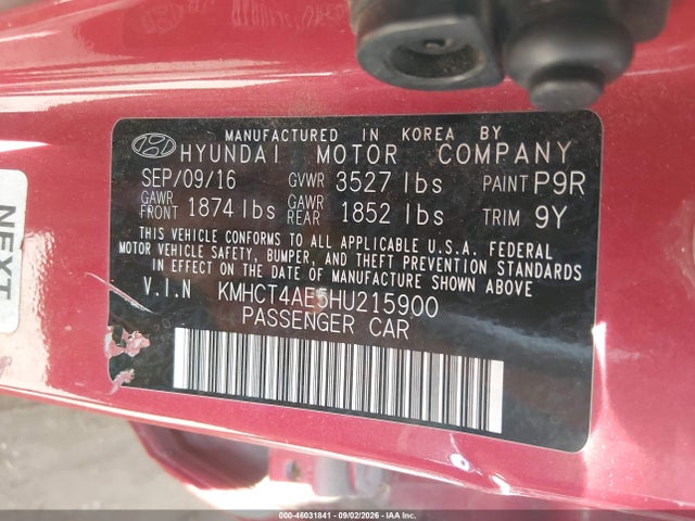 46031841 :رقم المزاد ، KMHCT4AE5HU215900 vin ، 2017 Hyundai Accent Se مزاد بيع
