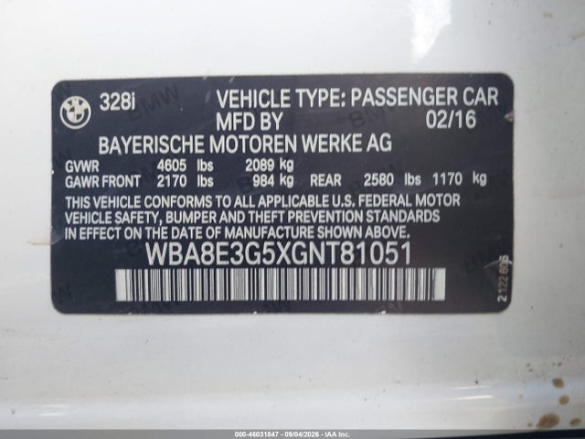 Aukcja sprzedaży 2016 Bmw 328i Xdrive, vin: WBA8E3G5XGNT81051, numer aukcji: 46031847