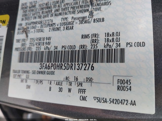 46031849 :رقم المزاد ، 3FA6P0HR5DR137276 vin ، 2013 Ford Fusion Se مزاد بيع