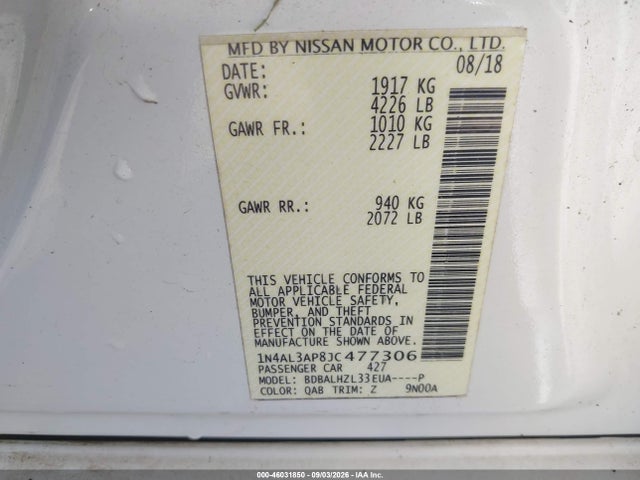 Продаж на аукціоні авто 2018 Nissan Altima 2.5 Sr, vin: 1N4AL3AP8JC477306, номер лоту: 46031850