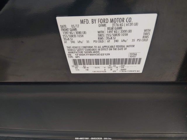 Ford Explorer Limited 2017 1FM5K7F88HGD22129 Image 9