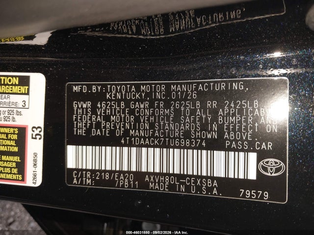 Продаж на аукціоні авто 2026 Toyota Camry Nightshade, vin: 4T1DAACK7TU698374, номер лоту: 46031880