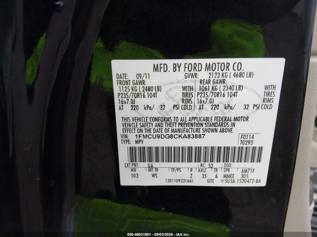 2012 Ford Escape Xlt მანქანა იყიდება აუქციონზე, vin: 1FMCU9DG8CKA83887, აუქციონის ნომერი: 46031901
