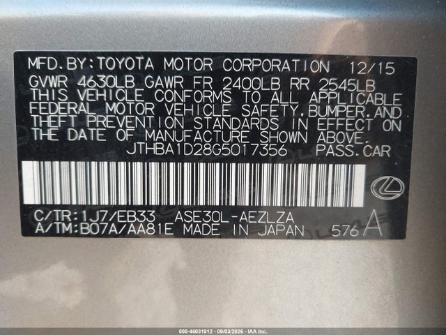 Продаж на аукціоні авто 2016 Lexus Is 200t, vin: JTHBA1D28G5017356, номер лоту: 46031912