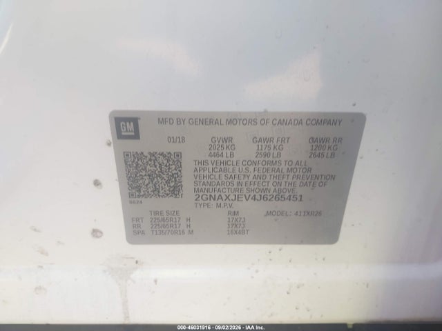 Продажа на аукционе авто 2018 Chevrolet Equinox Lt, vin: 2GNAXJEV4J6265451, номер лота: 46031916