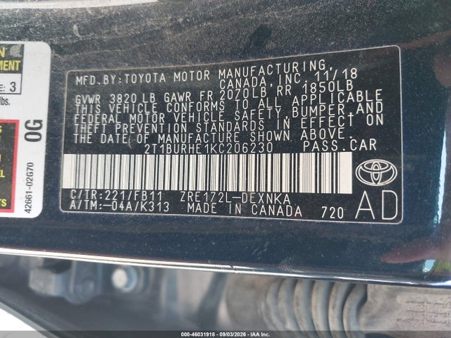 Aukcja sprzedaży 2019 Toyota Corolla Le, vin: 2T1BURHE1KC206230, numer aukcji: 46031918
