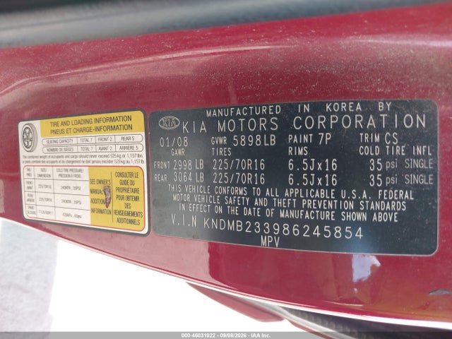 Продажа на аукционе авто 2008 Kia Sedona Lx, vin: KNDMB233986245854, номер лота: 46031922