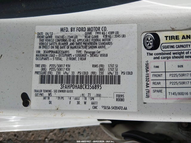 Продажа на аукционе авто 2012 Ford Fusion Se, vin: 3FAHP0HA8CR356895, номер лота: 46031927