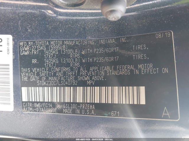 Продаж на аукціоні авто 2020 Toyota Sienna Le, vin: 5TDKZ3DC7LS040792, номер лоту: 46031928