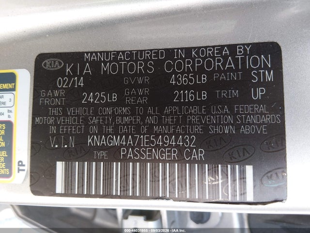 Auction sale of the 2014 Kia Optima Lx, vin: KNAGM4A71E5494432, lot number: 46031955
