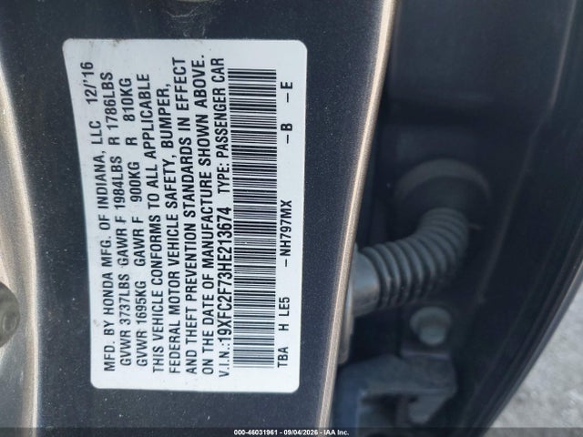 46031961 :رقم المزاد ، 19XFC2F73HE213674 vin ، 2017 Honda Civic Ex مزاد بيع