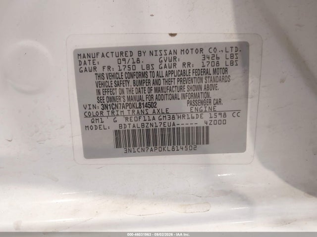 Продаж на аукціоні авто 2019 Nissan Versa 1.6 Sv, vin: 3N1CN7AP0KL814502, номер лоту: 46031963
