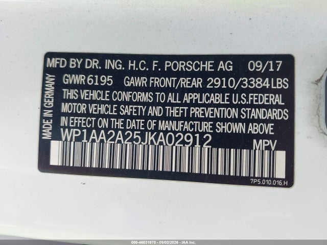 46031970 :رقم المزاد ، WP1AA2A25JKA02912 vin ، 2018 Porsche Cayenne Platinum Edition مزاد بيع
