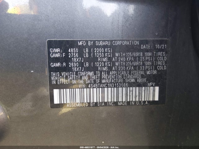 Продажа на аукционе авто 2022 Subaru Outback Limited, vin: 4S4BTANC1N3152086, номер лота: 46031977