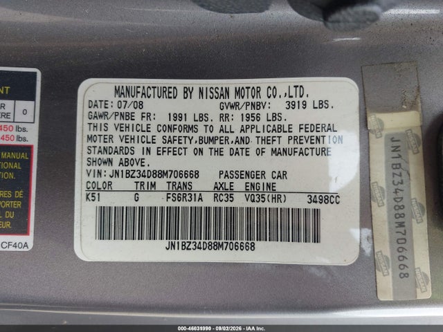 2008 Nissan 350z Touring მანქანა იყიდება აუქციონზე, vin: JN1BZ34D88M706668, აუქციონის ნომერი: 46031990