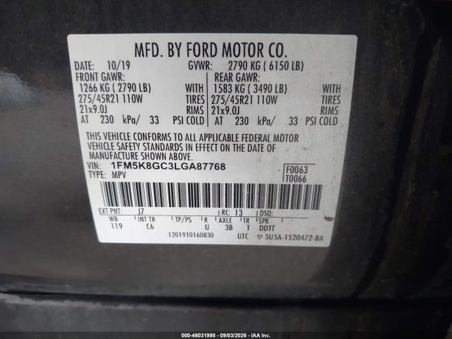 Aukcja sprzedaży 2020 Ford Explorer St, vin: 1FM5K8GC3LGA87768, numer aukcji: 46031998