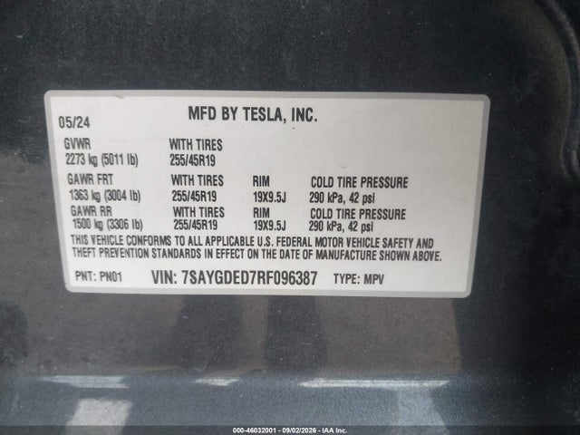 46032001 :رقم المزاد ، 7SAYGDED7RF096387 vin ، 2024 Tesla Model Y مزاد بيع