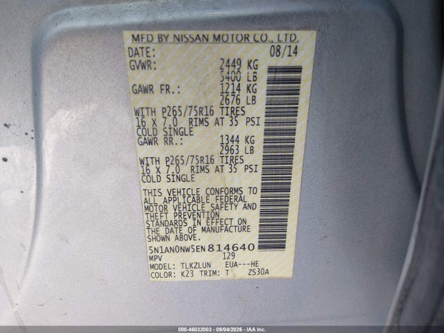 Продаж на аукціоні авто 2014 Nissan Xterra Pro-4x, vin: 5N1AN0NW5EN814640, номер лоту: 46032003