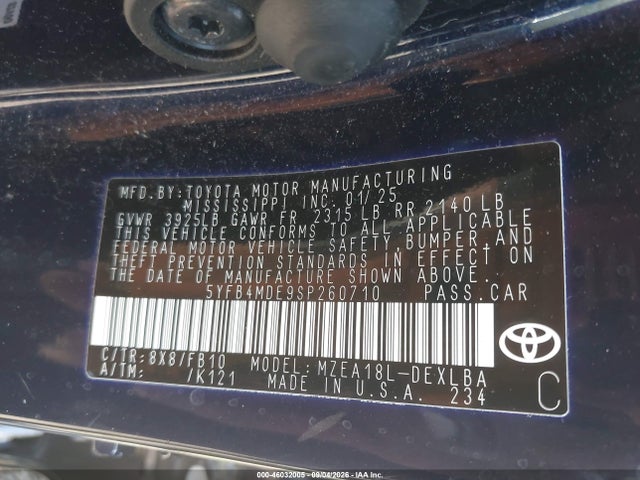 Aukcja sprzedaży 2025 Toyota Corolla Le, vin: 5YFB4MDE9SP260710, numer aukcji: 46032005