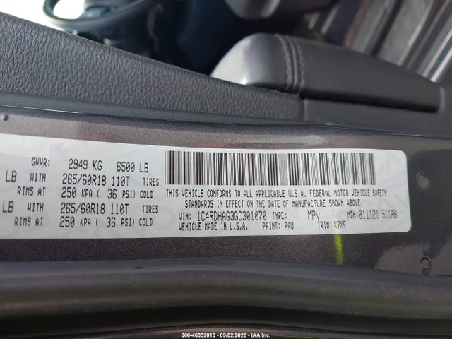 46032010 :رقم المزاد ، 1C4RDHAG3GC301070 vin ، 2016 Dodge Durango Sxt مزاد بيع