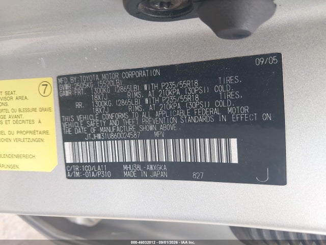 46032012 :رقم المزاد ، JTJHW31U860024587 vin ، 2006 Lexus Rx 400h مزاد بيع
