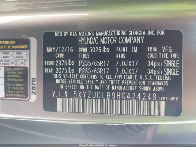 Продажа на аукционе авто 2017 Hyundai Santa Fe Sport 2.4l, vin: 5XYZUDLB9HG424248, номер лота: 46032019