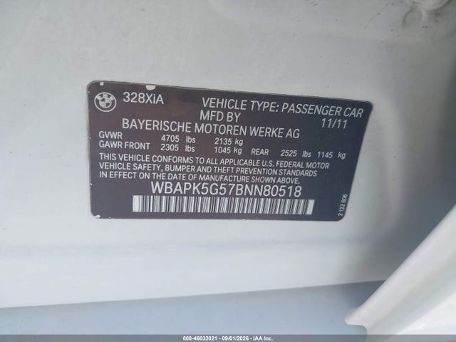 46032021 :رقم المزاد ، WBAPK5G57BNN80518 vin ، 2011 Bmw 328i Xdrive مزاد بيع