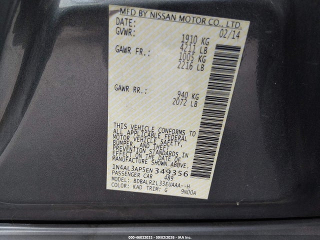 1N4AL3AP5EN349356 Nissan Altima 2.5 S