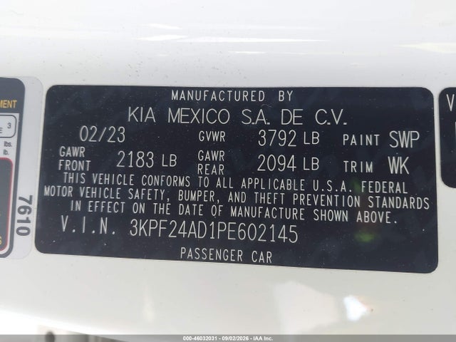 2023 Kia Forte Lxs მანქანა იყიდება აუქციონზე, vin: 3KPF24AD1PE602145, აუქციონის ნომერი: 46032031