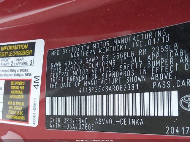 2010 Toyota Camry Le მანქანა იყიდება აუქციონზე, vin: 4T4BF3EK8AR082381, აუქციონის ნომერი: 46032032