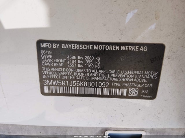 2019 Bmw 330i მანქანა იყიდება აუქციონზე, vin: 3MW5R1J56K8B01092, აუქციონის ნომერი: 46032037
