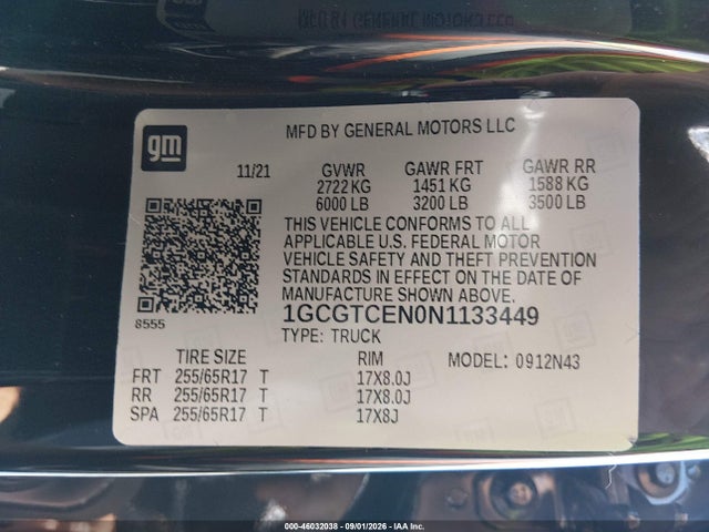 46032038 :رقم المزاد ، 1GCGTCEN0N1133449 vin ، 2022 Chevrolet Colorado 4wd  Short Box Lt مزاد بيع