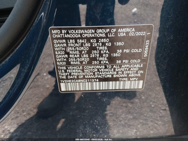 Продажа на аукционе авто 2022 Volkswagen Atlas Cross Sport 3.6l V6 Se W/technology, vin: 1V2HE2CA8NC211374, номер лота: 46032040