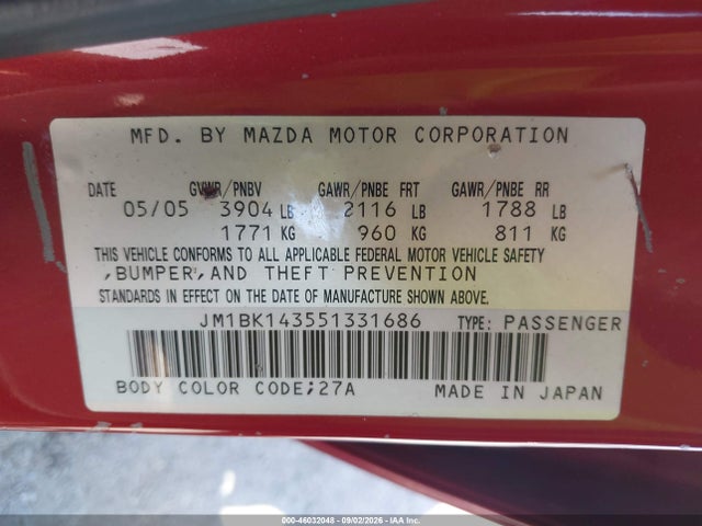 Aukcja sprzedaży 2005 Mazda Mazda3 S, vin: JM1BK143551331686, numer aukcji: 46032048
