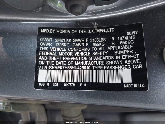 46032067 :رقم المزاد ، SHHFK7H55HU428610 vin ، 2017 Honda Civic Ex مزاد بيع