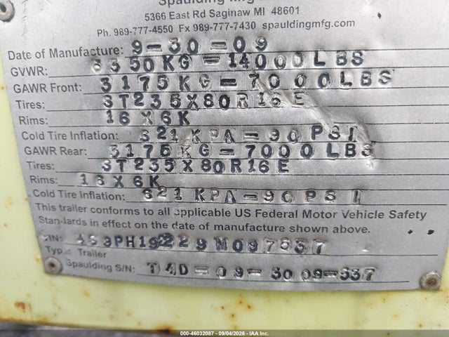 46032087 :رقم المزاد ، 4S9PH19229M097537 vin ، 2009 Spaulding Hot Box 4ton Man 9/30/09 Ass. 101225 مزاد بيع