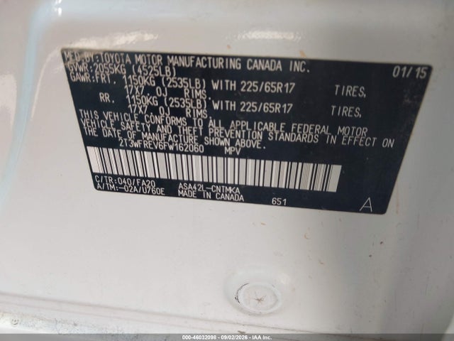 Продаж на аукціоні авто 2015 Toyota Rav4 Xle, vin: 2T3WFREV6FW162060, номер лоту: 46032098