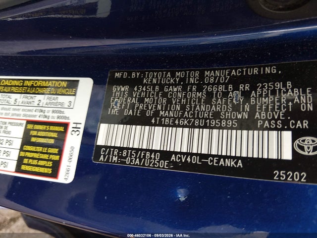 2008 Toyota Camry Le მანქანა იყიდება აუქციონზე, vin: 4T1BE46K78U195895, აუქციონის ნომერი: 46032106